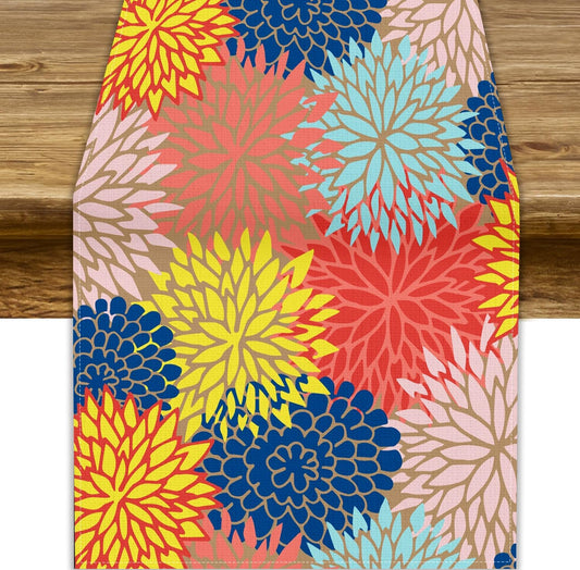 Dahlia Flowers Table Runner Colorful Floral Teal Grey Pink Yellow Blue Abstract Table Runner Kitchen Dining Party Decor Living Room, 13x120 Inch