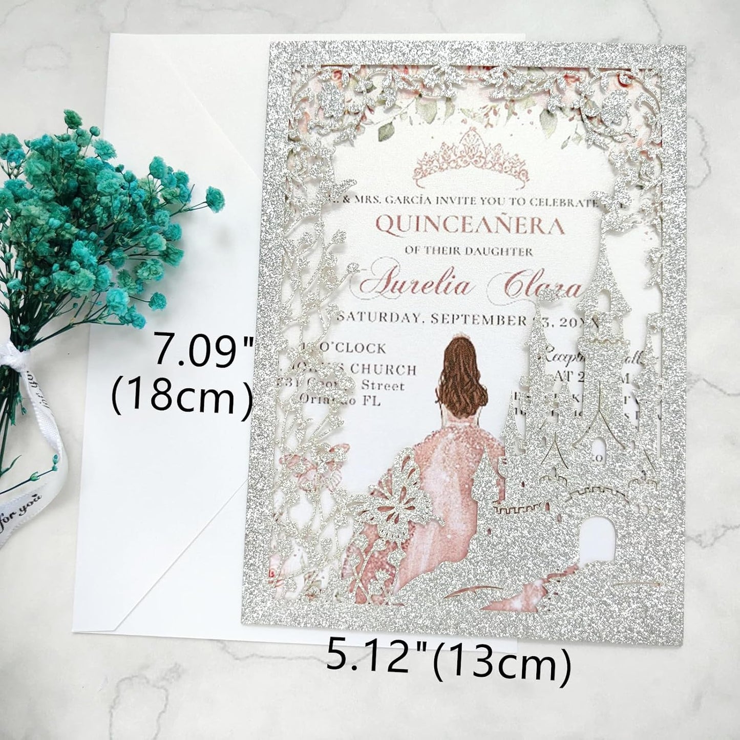 20PCS Castle Pocket Invitations, Quinceanera Invitations with Envelopes, Princess Invitation, Laser Cut quince invites (glitter silver)