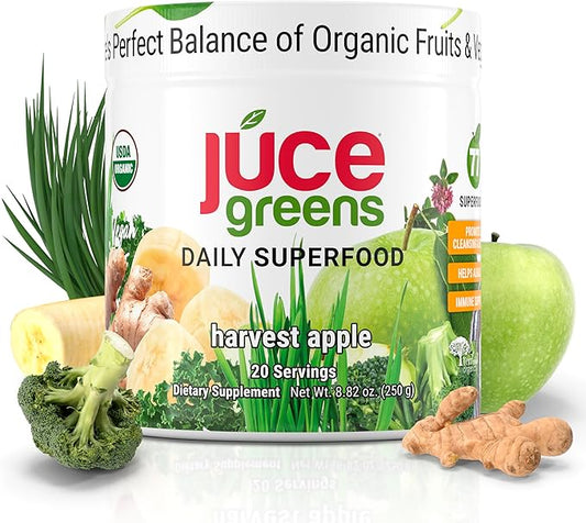 JUCE Green Superfood Powder, Organic Fruits and Veggies Supplement W/ 77 Superfoods Plus Prebiotic Probiotic Blend, Harvest Apple Flavor - 20 Servings (250 g)