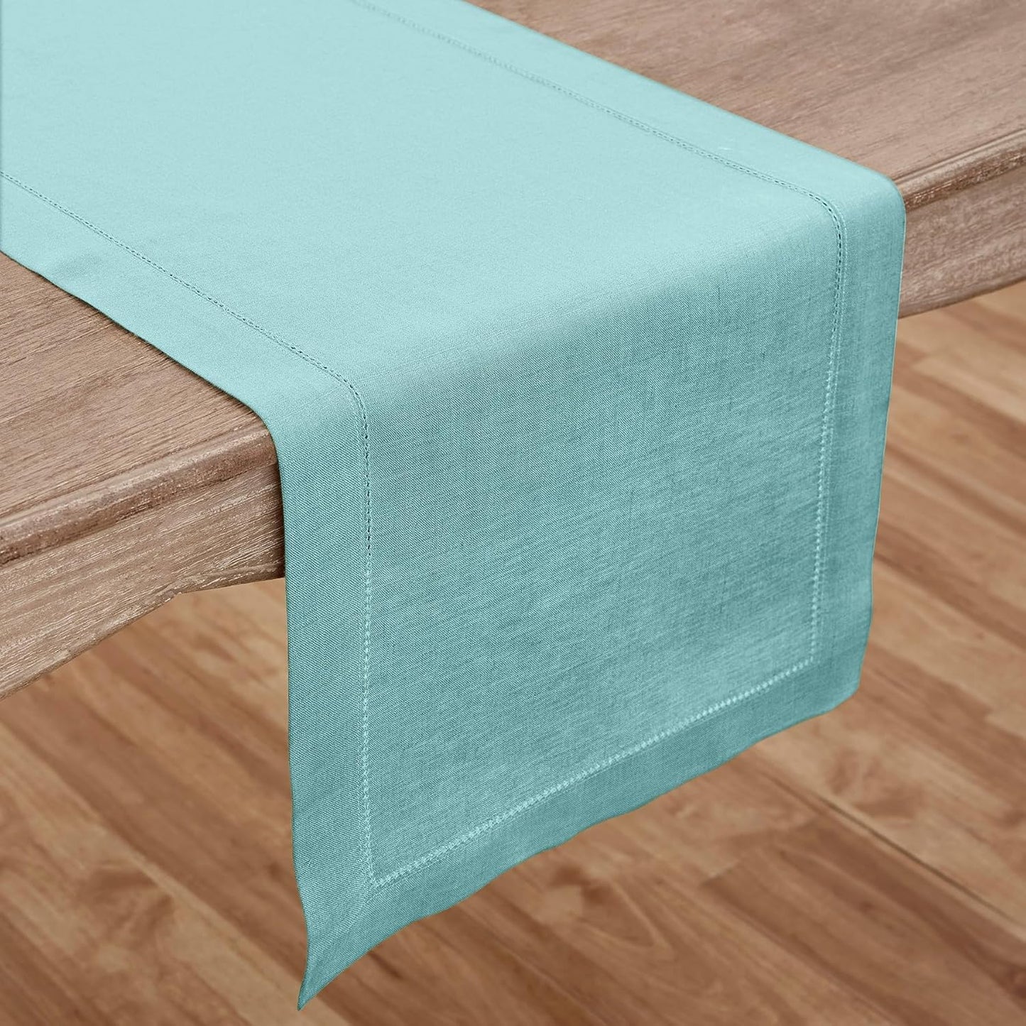 Solino Home Linen Aqua Blue Table Runner 108 Inches Long - 100% Pure Linen Hemstitch 14 x 108 Inch Table Runner for Dining - Classic Hemstitch