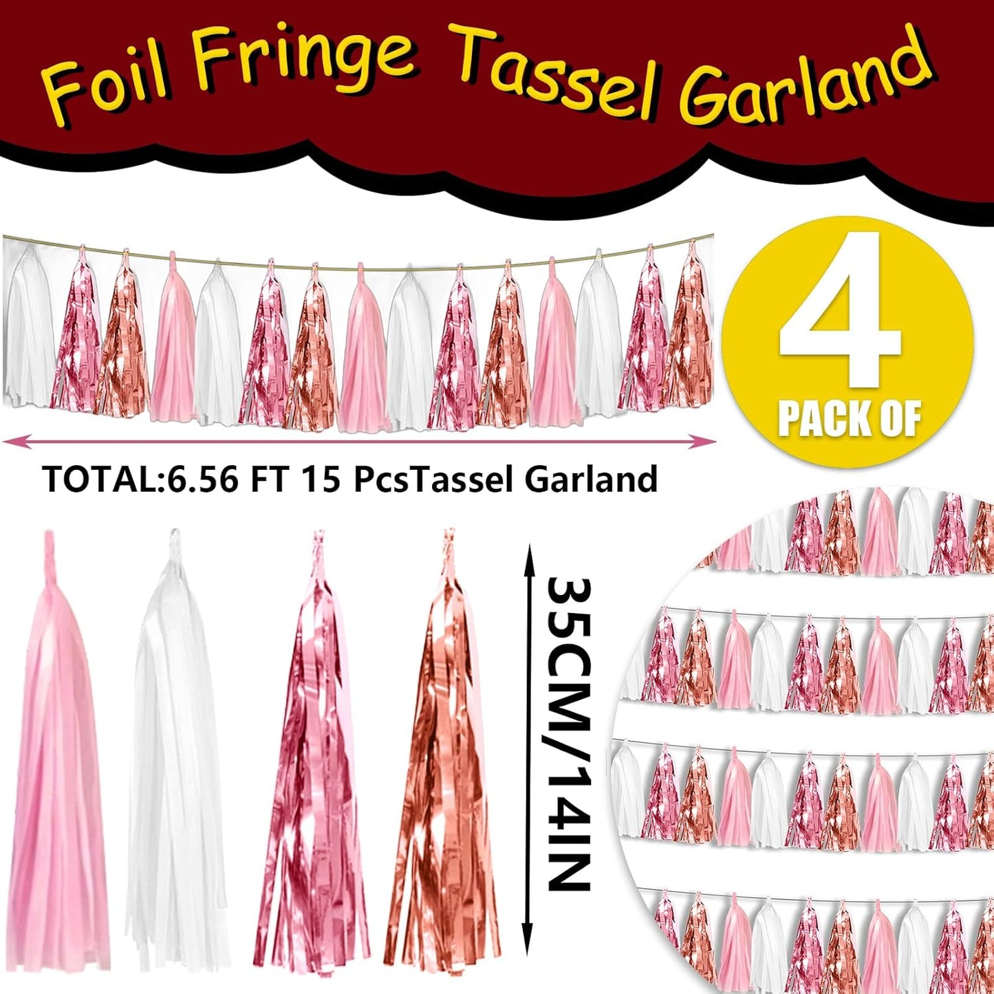 4P Rose-Gold Pink White Foil Fringe Tassel Banner Garland Metallic Tinsel Streamers Wall Hanging Curtain Backdrop for Parade Floats, Graduation 2024, Wedding, Birthday, Retirement Party Decorations