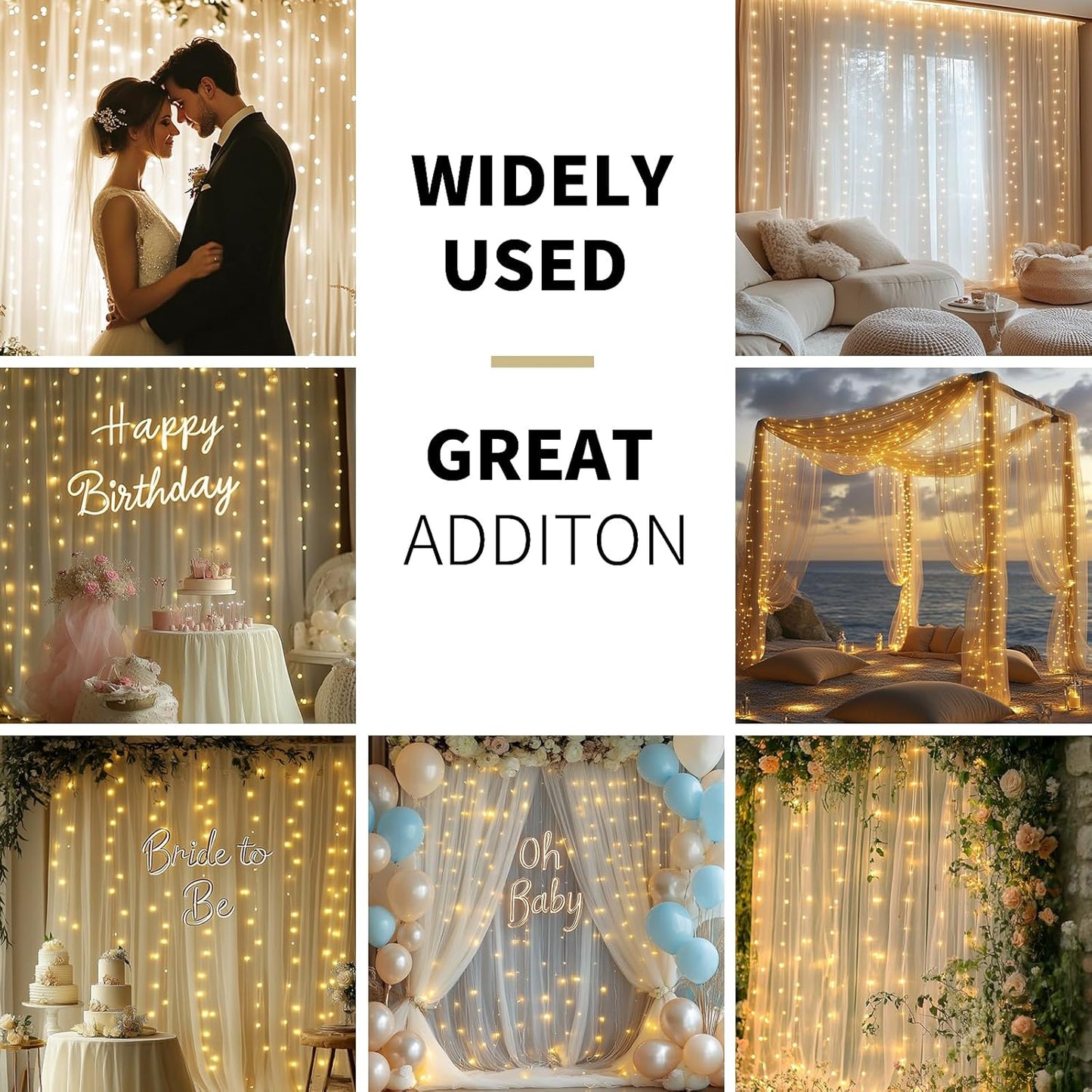 Ivory Tulle Backdrop Curtain with Lights String - 10x10ft Sheer Backdrop with 300 LEDs for Wedding, Baby Shower, Bridal Shower, Birthday Party Photo Shoot Background and Home Decorations