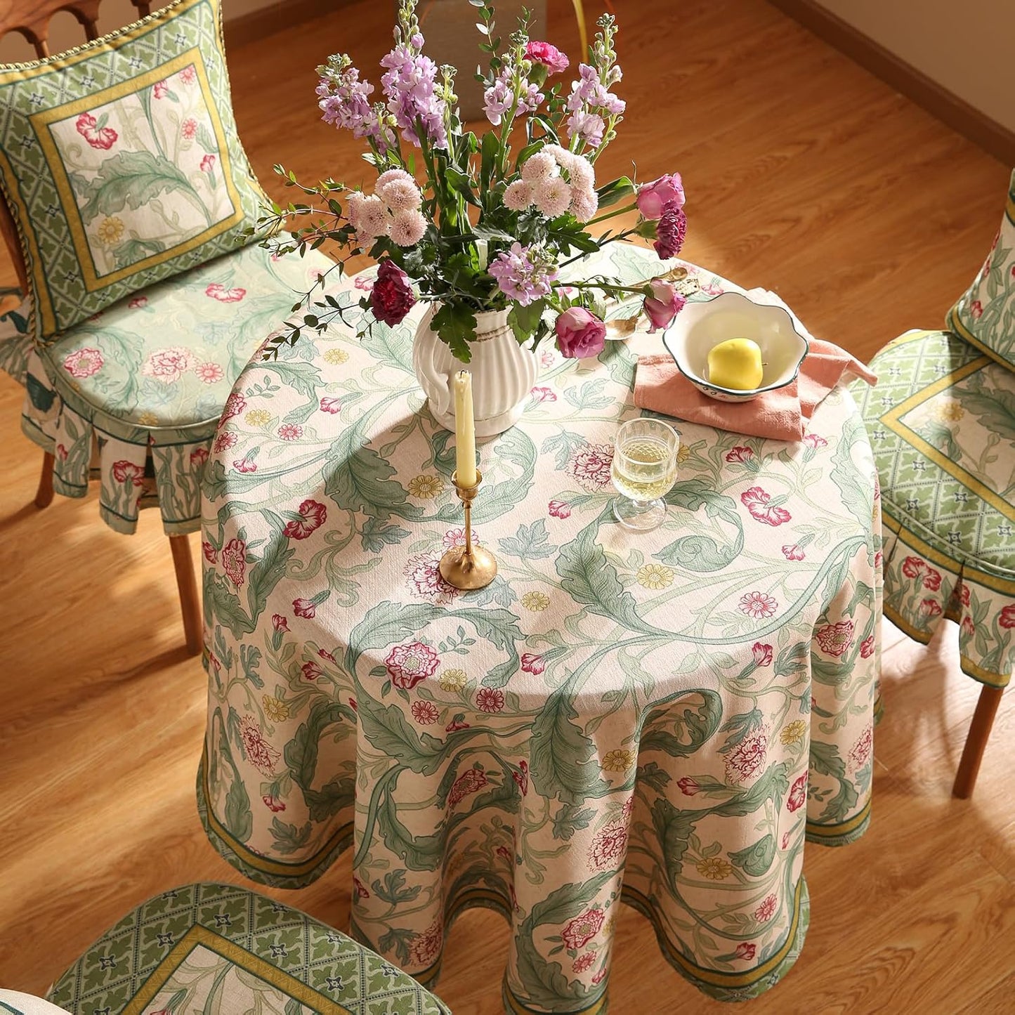 patdrea Designer Green Small Tablecloth for Round Table,Vintage Linen Leaves Pattern Table Cloth,Floral Decor Cover for Kitchen Dining Christmas,Thanksgiving,Tea Party,Diameter 55"-Cecilia a