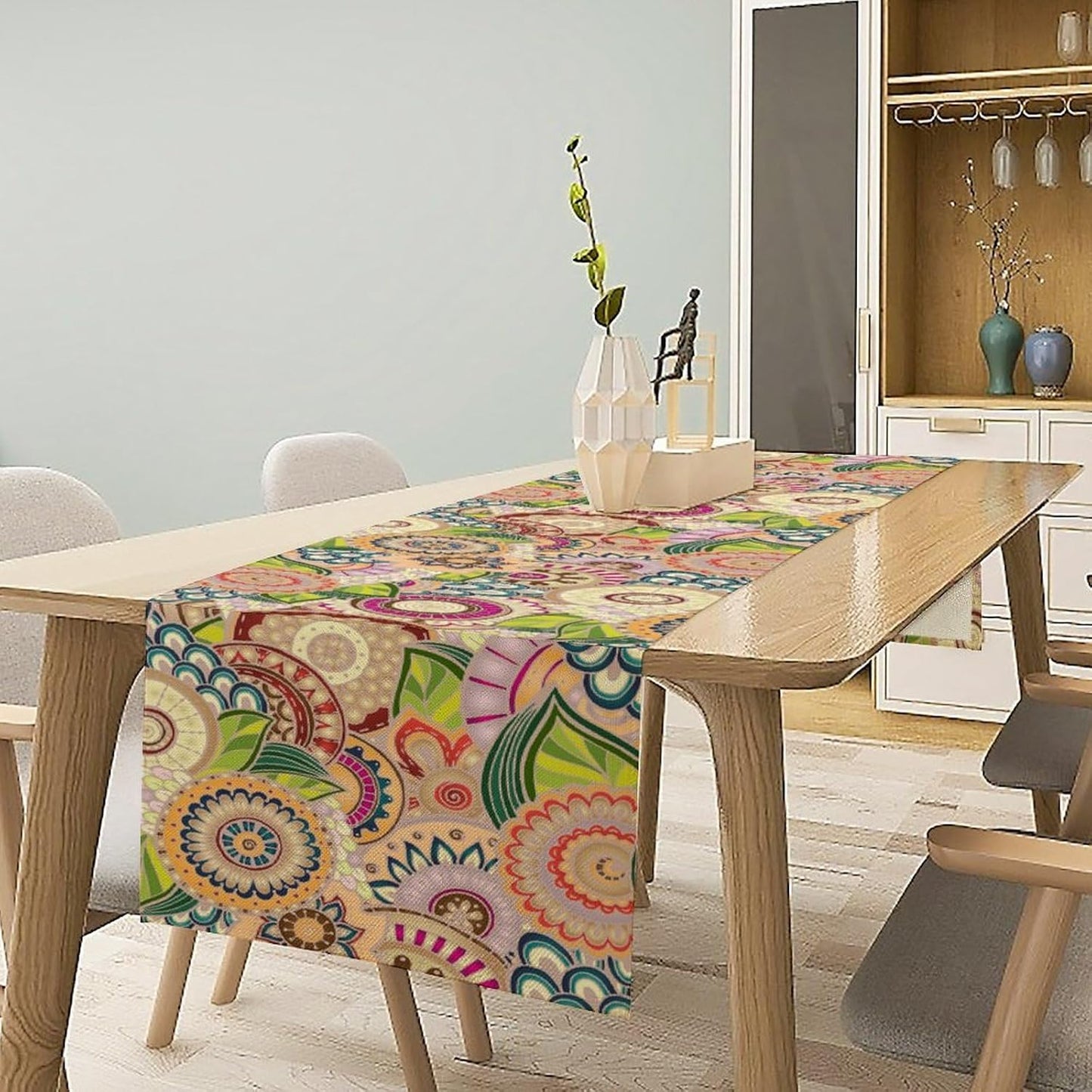 Boho Floral Table Runner,Retro Bohemian Flower Table Runner for Kitchen Dining Table Home Party Decoration 13x108 Inch