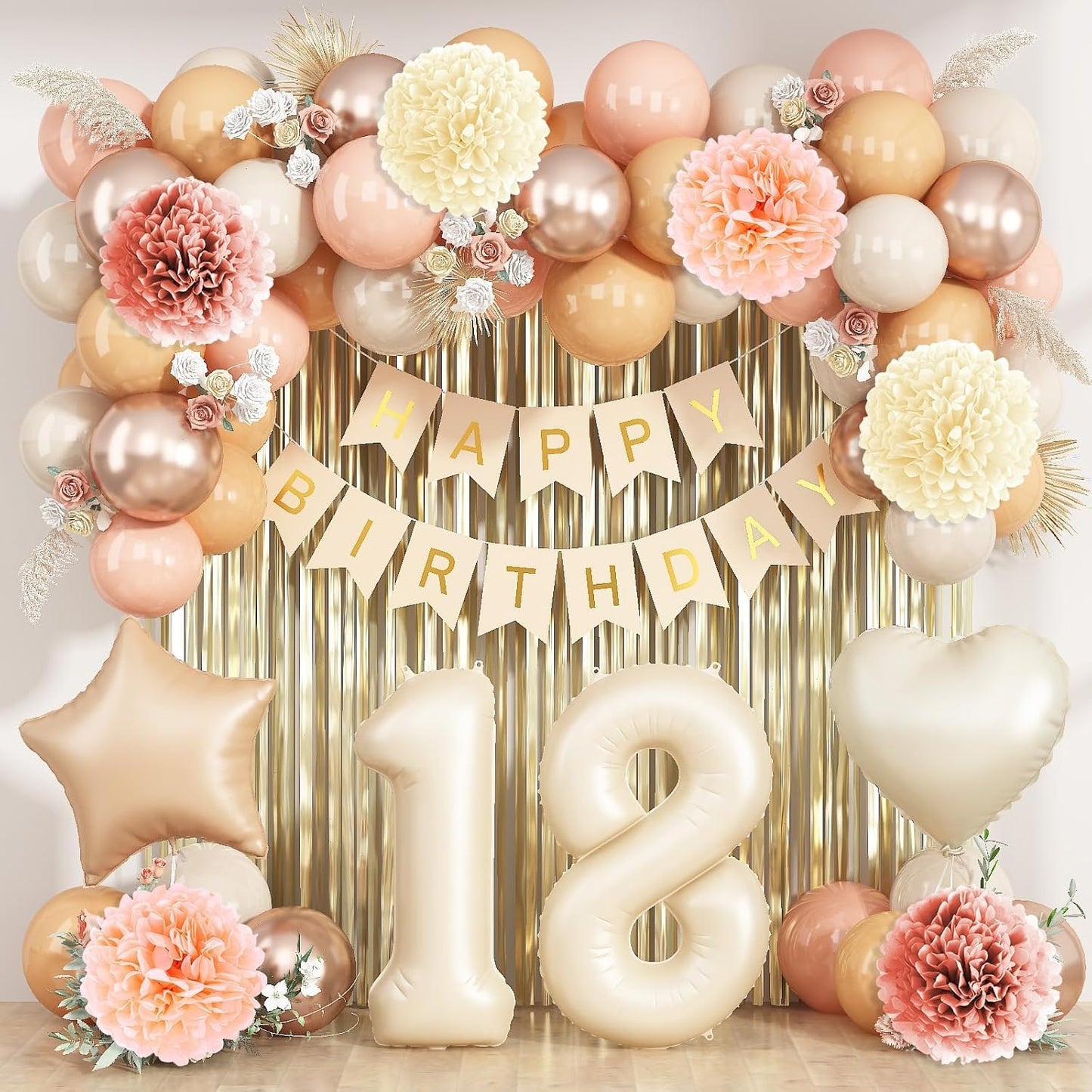 Beige 18th Birthday Decorations Girls Boys Cream Number 18 Balloon Nude Gold Happy Birthday Banner Fringe Curtain Paper Pom Poms Blush White Sand Champagne Star Foil Balloons Neutral Boho Party Decor
