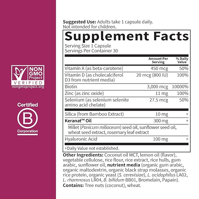 Garden of Life Hair Growth Duo Caps, Supplement for Thicker, Healthier Hair with Hyaluronic Acid, Biotin, Silica, and Patented Keranat, 30 Plant-Based Capsules