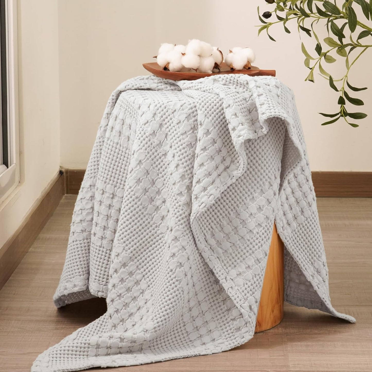 PHF 100% Cotton Waffle Weave Throw Blanket, Soft Lightweight Breathable Cozy Throws for Couch Bed Sofa, Luxury Aesthetic Woven Blanket for Home Decor & Office, 50"x60", Light Grey