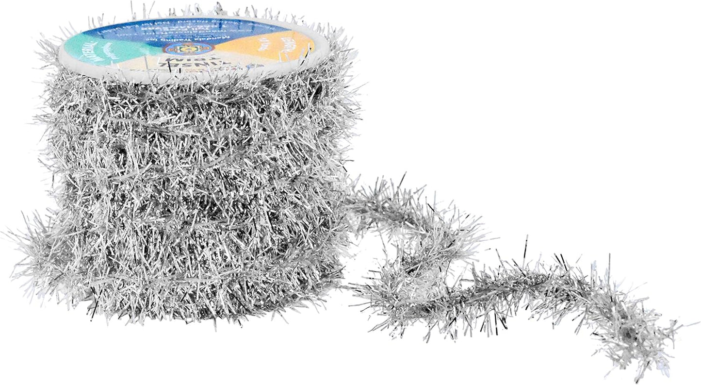 Mandala Crafts Silver Tinsel Garland - Thin Metallic Foil Glitter Mini Garland for Christmas Tree, Party, Wedding Decor, and Holiday Decorations