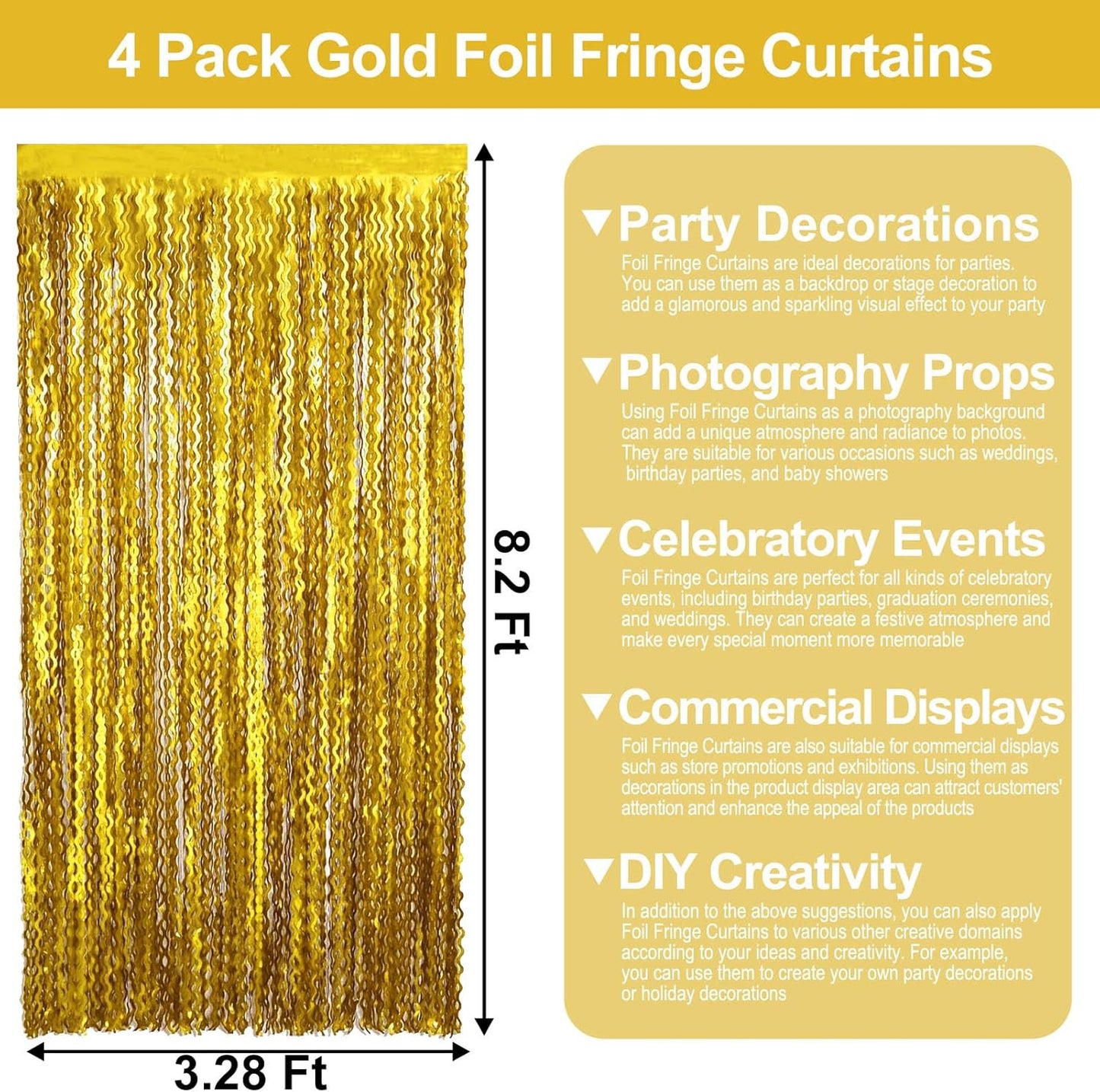 4 Pack Gold Wave Foil Fringe Curtain Backdrop, 3.28Ft x 8.2Ft Metallic Tinsel Foil Fringe Streamer Curtains for Photo Booth, Mother's Day, Easter, Birthday, Wedding Party Decoration