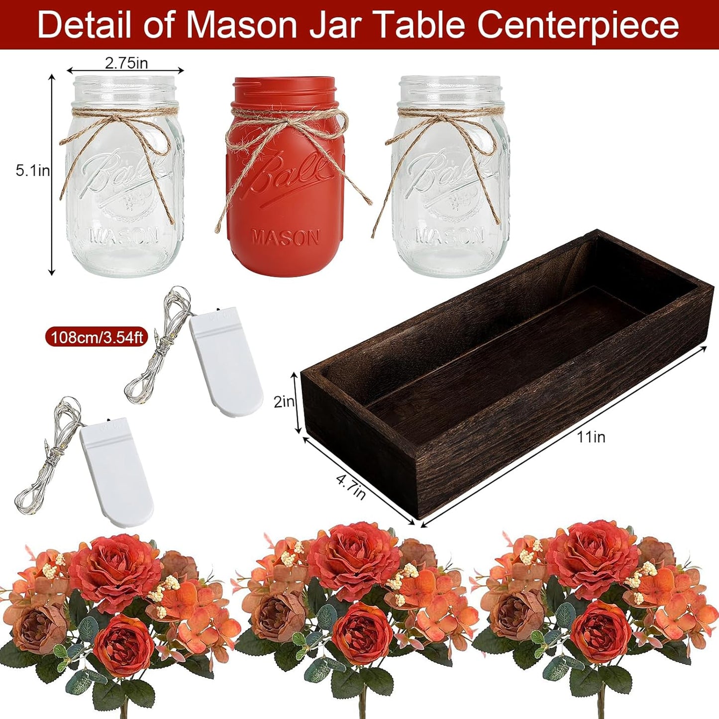 Fall Mason Jar Lights Centerpieces, Thanksgiving Centerpiece for Table, Coffee Table Decorative Jars with Wood Tray Fairy Lights Fake Peony Flowers for Dining Room Kitchen Living Decor - Orange