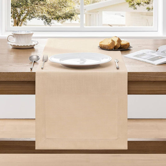 ZeeMart Linen Textured Border Table Runner, 14 x 72 Inch Oatmeal, Farmhouse Style Beige Table Runners 72 Inches Long, Easy Care Everyday Polyester Table Runner