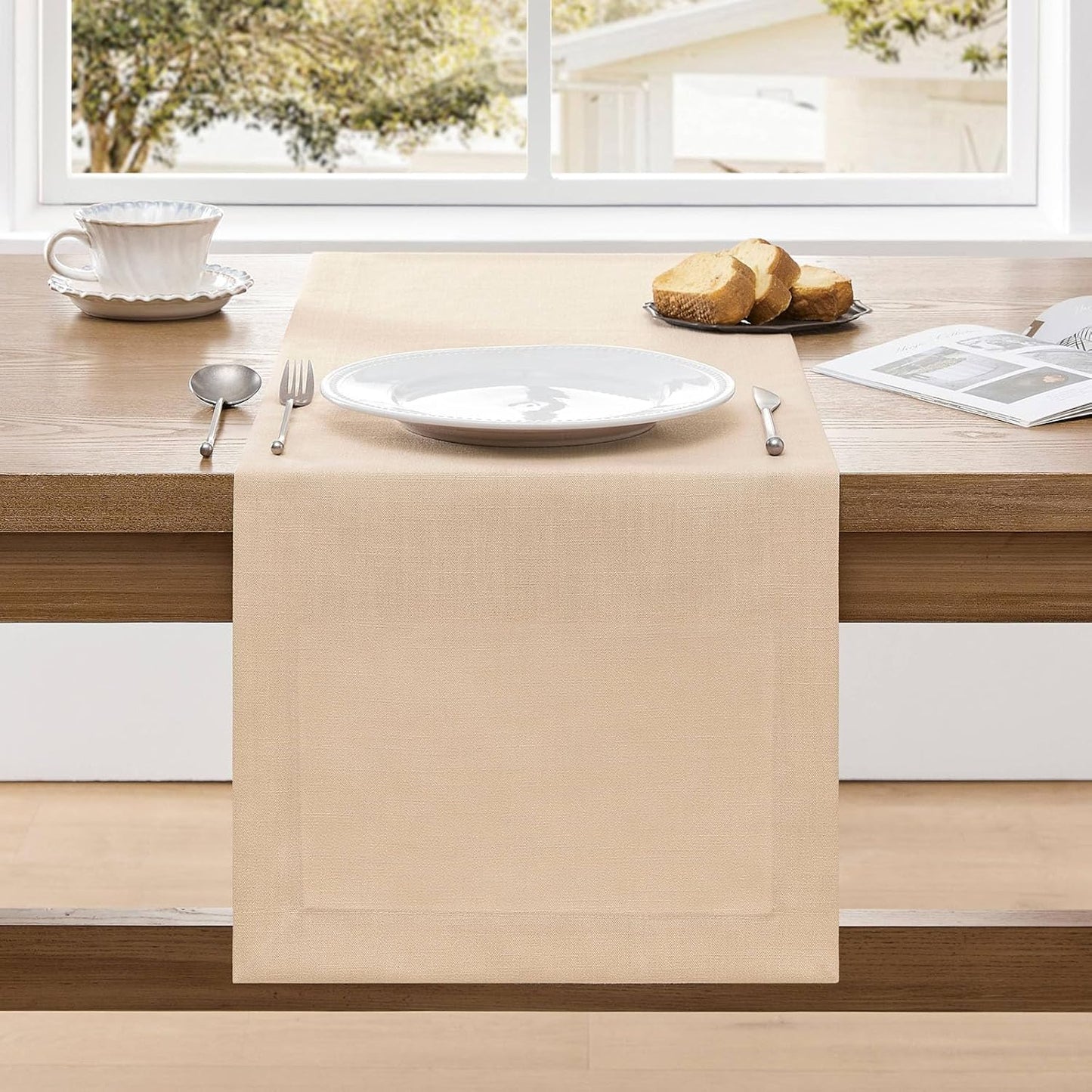 ZeeMart Linen Textured Border Table Runner, 14 x 48 Inch Oatmeal, Farmhouse Style Beige Table Runners 48 Inches Long, Easy Care Everyday Polyester Table Runner