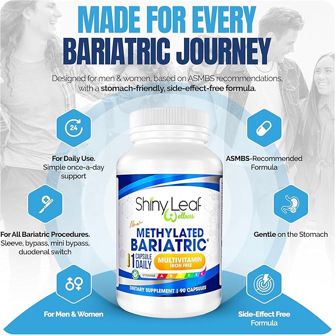 Shiny Leaf Methylated Bariatric Multivitamin Without Iron – Vitamins for Gastric Bypass & Sleeve, 1 Daily Capsule W Methylated Folate, B12, A, C, D, K & More. Vegetarian, Soy-Free, USA Made (90 Ct.)