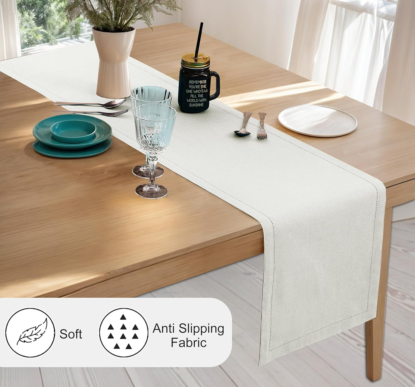 Ruvanti Linen Table Runner 90 Inches, Classic Hemstitch, Washable, Reusable, Non-Slipping, Stain Resistant- Perfect for Parties, Weddings, Dinners, Thanksgiving, Christmas, Indoor use – Ivory