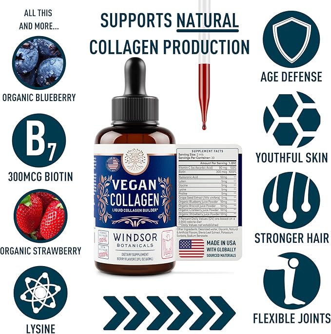Vegan Collagen Builder Liquid Supplement - Collagen Booster with Vitamin C, Biotin, Hyaluronic Acid & Amino Acids - Organic Fruit & Vegetable Blend - 120ml, 60 Day