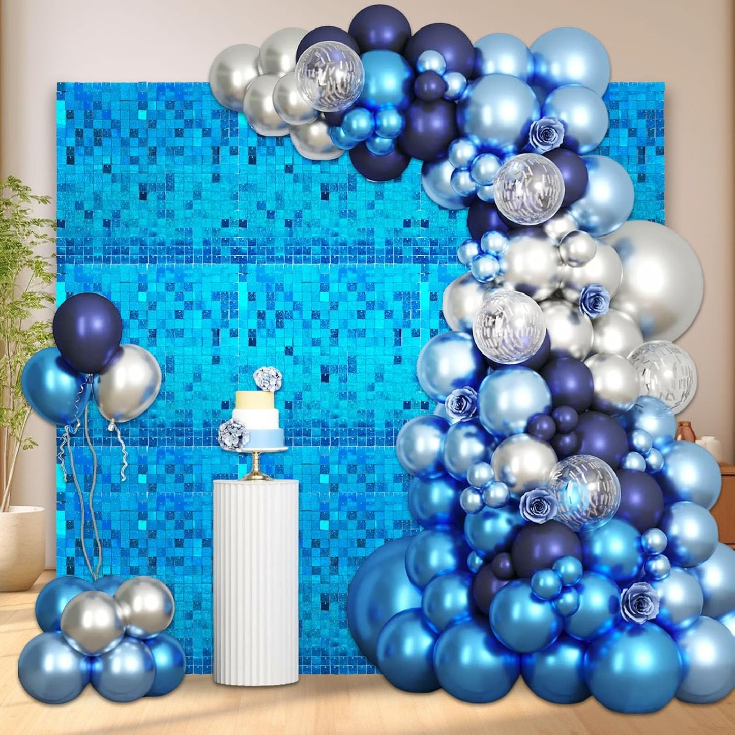 24PCS Lake Blue Shimmer Wall Backdrop, Laser Square Sequin Photo Backdrops Panel, Glitter Wall Background for Birthdays, Weddings, Christmas, Engagements, Disco Bachelorette Party Decoration (4FTx6FT)