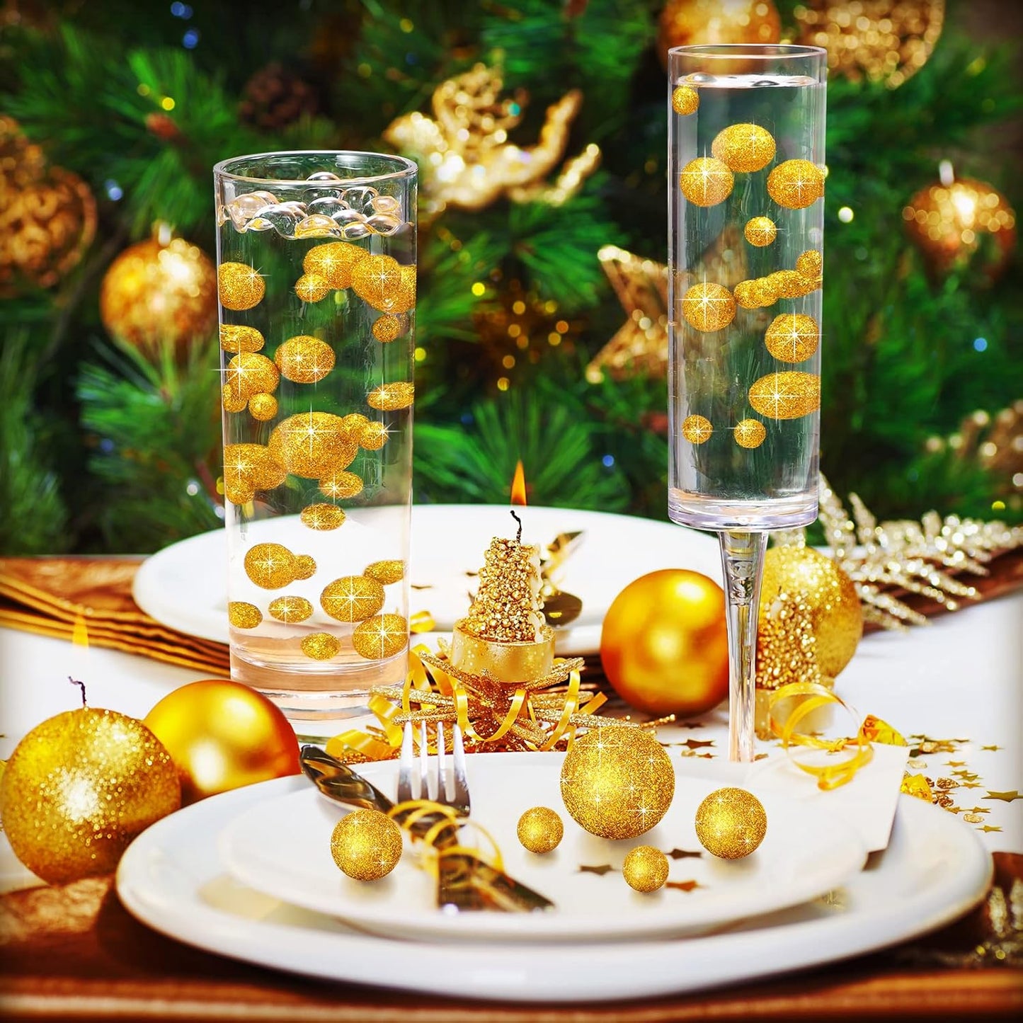 150 Pieces Vase Filler Faux Pearls Vase Makeup Beads No Hole Gloss Bead Mixed Sizes Round Pearl for Home Party Wedding Decor, 8/14/20 mm(Glitter Gold)