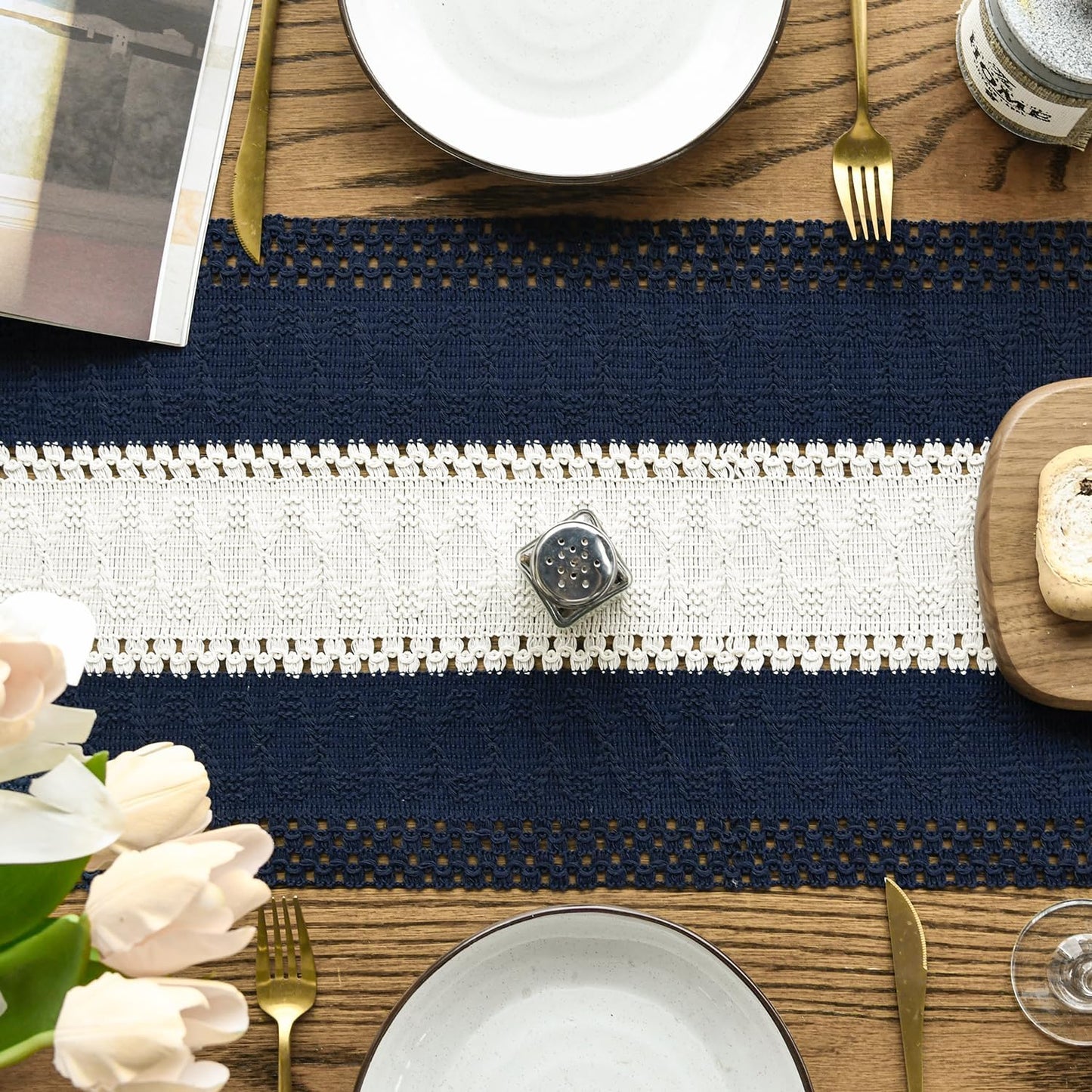 Artoid Mode Dark Blue Farmhouse Rustic Table Runner, Seasonal Hollow Kitchen Dining Table Decoration for Home Party Decor 12x108 Inch