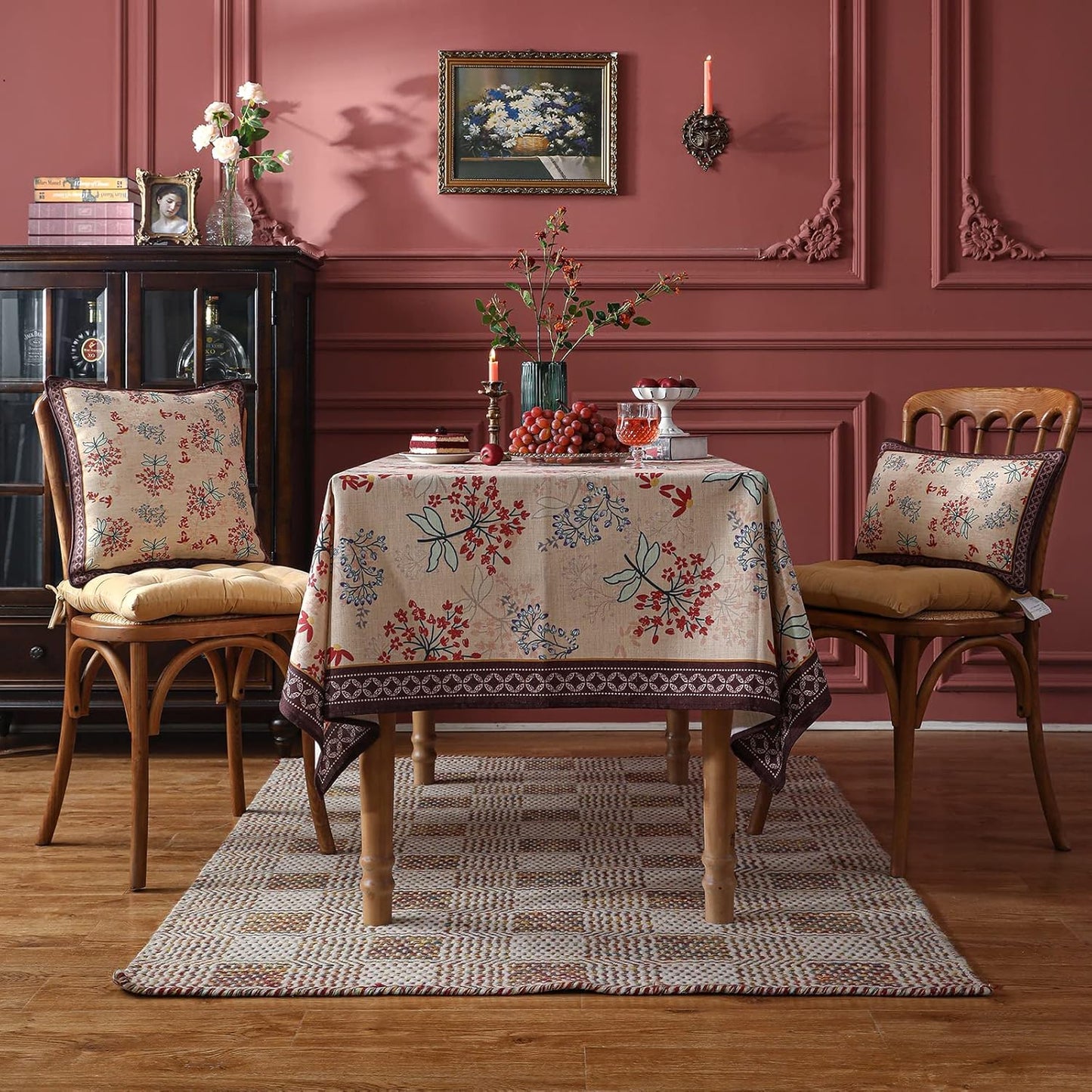 patdrea Designer Linen Extra Long Rectangular Table Cloth,Vintage Red Floral Tablecloth,Breathable Table Cover for Kitchen Dining,Tea Party,Christmas,Thanksgiving,Holiday,63"x110"-Newmari