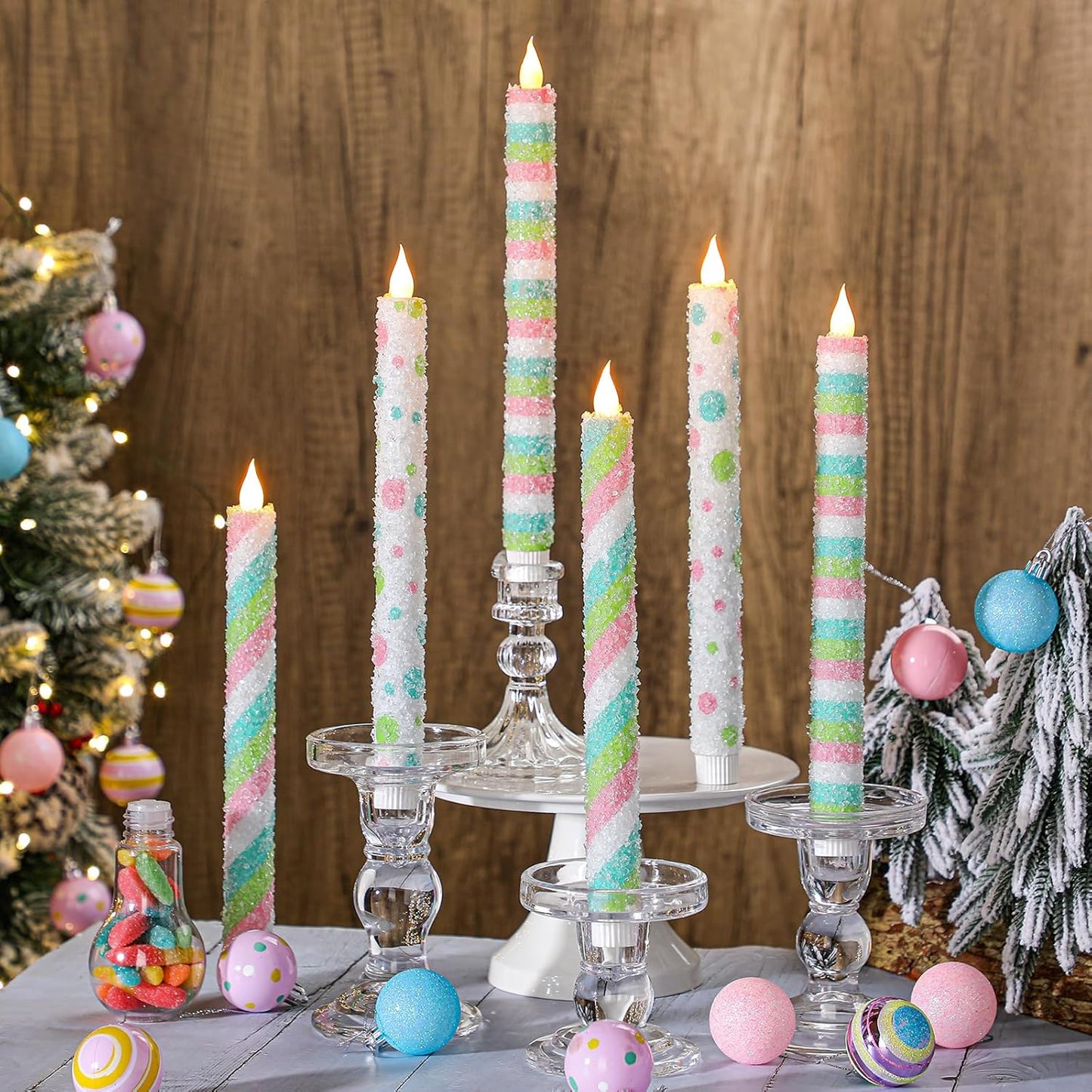 Baquler 6 Pcs Candy Theme Flameless Taper Candles 10.6 Inch Colorful Candy Strip and Polka Dots Candles Battery Operated LED Christmas Candlesticks for Xmas Centerpiece Holiday Party Home Decor