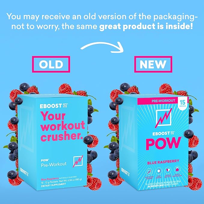EBOOST POW Natural Pre Workout Powder - 15 Packets, Blue Raspberry - Preworkout Energy Booster Gym Supplement Drink Mix for Men and Women - Performance, Joint Mobility Support - Gluten-Free