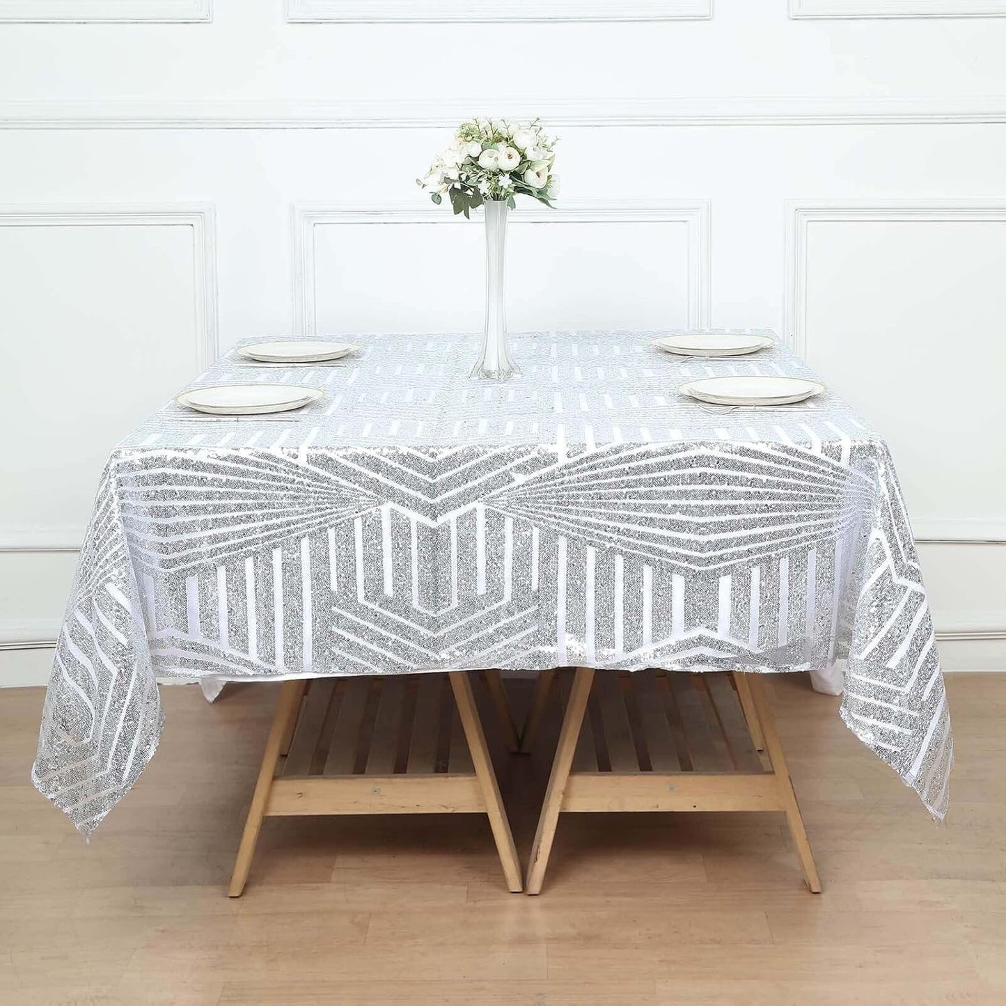 Efavormart 72" Silver Sparkly Sequin Geometric Tulle Square Table Overlay