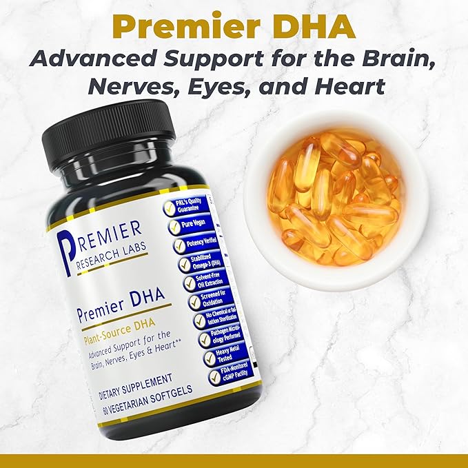 Premier Research Labs Premier DHA - Vegan DHA with Omega 3 Fatty Acids, Algae Based DHA for Women & Men, Natural DHA Supplement Suitable for Vegans- 60 Vegetarian Softgel Capsules