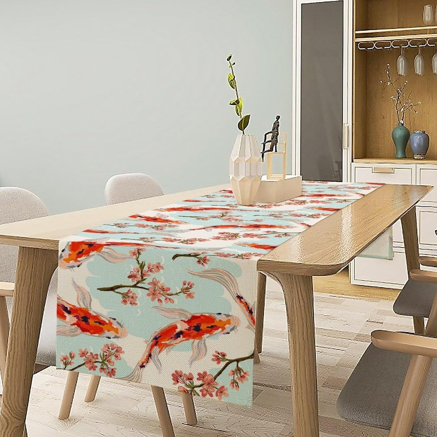 Japanese Kio Fish Table Runner Cherry Flower Art Printed Burlap Runner Home Kitchen Dining Table Living Room Decor Fabric 1 Panel W13xL70in