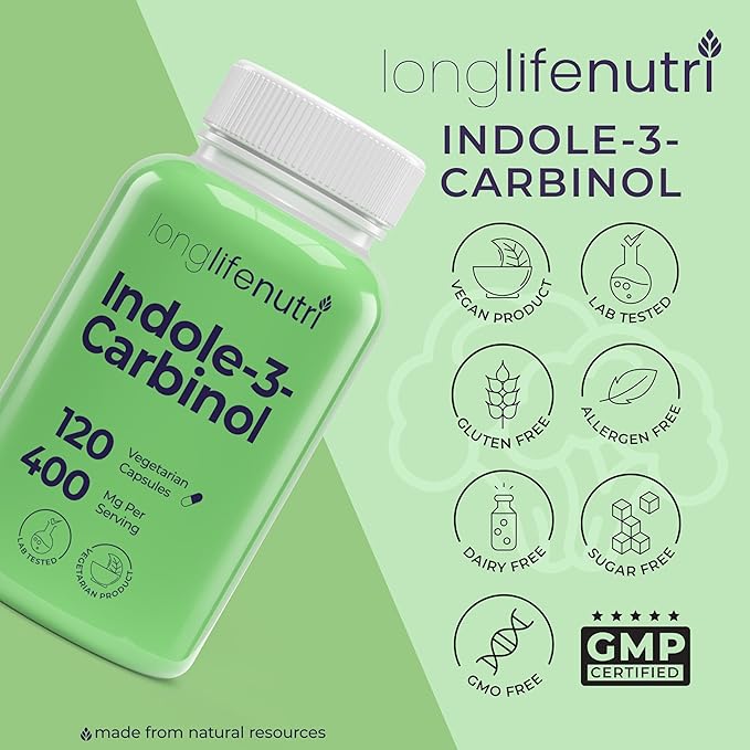 Indole-3-Carbinol 400mg - 120 Vegeterian Capsules, 4-Month Supply, Organic Supplement for Hormone Balance & Cellular Health, Lab Tested, Made in USA