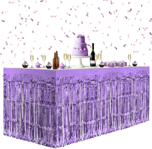 4 Pack Light Purple Table Skirts, 29x108" Metallic Foil Tinsel Fringe Table Skirts for Rectangle Tables Streamer Curtains Backdrop, Party Decorations for Birthdays Weddings Holidays