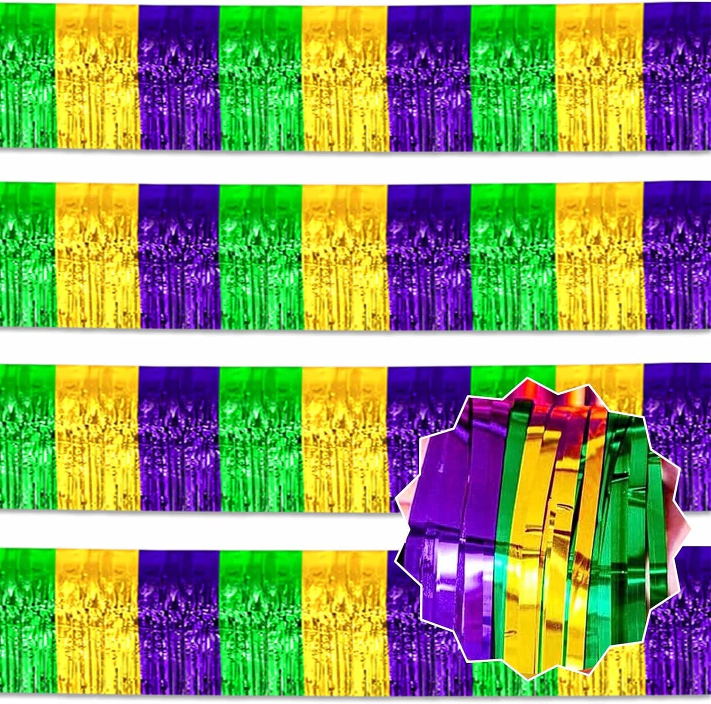 4 Pack 10 Ft Gold Green Purple Foil Fringe Garland Metallic Streamers Tinsel Banner Wall Hanging Garland Backdrop for Parade Floats, Halloween, Christmas, Thanksgiving, New Year Party Decorations