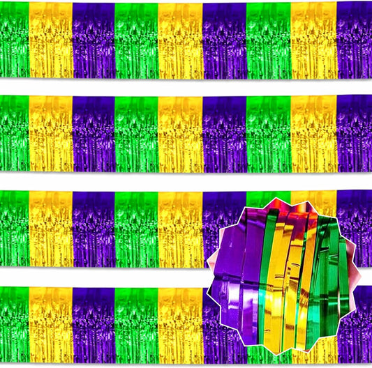 4 Pack 10 Ft Gold Green Purple Foil Fringe Garland Metallic Streamers Tinsel Banner Wall Hanging Garland Backdrop for Parade Floats, Halloween, Christmas, Thanksgiving, New Year Party Decorations