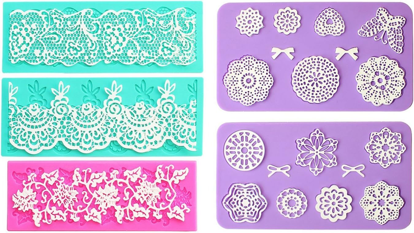 Embossing Lace Fondant Moulds, Multi Circle Flowers Lace Mat Wedding Cake Decoration Tool, Rattan Shaped Cupcake Mat Silicone Molds set of 5