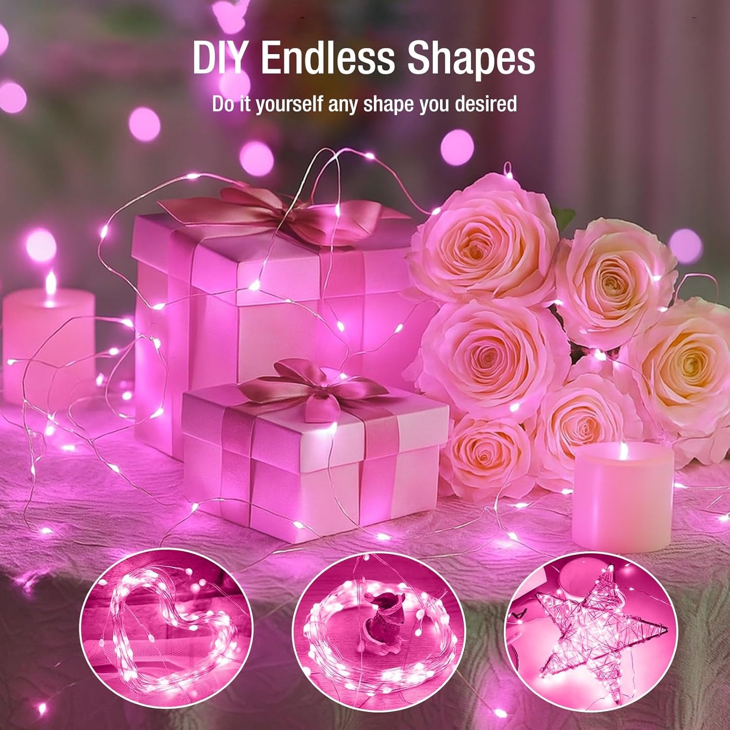 6 Pack Fairy Lights Battery Operated - 7ft 20 Led Twinkle Lights 3 Modes, Bulk Mini String Lights Waterproof for Mason Jars Vases DIY Party Wedding Decoration Christmas - Pink