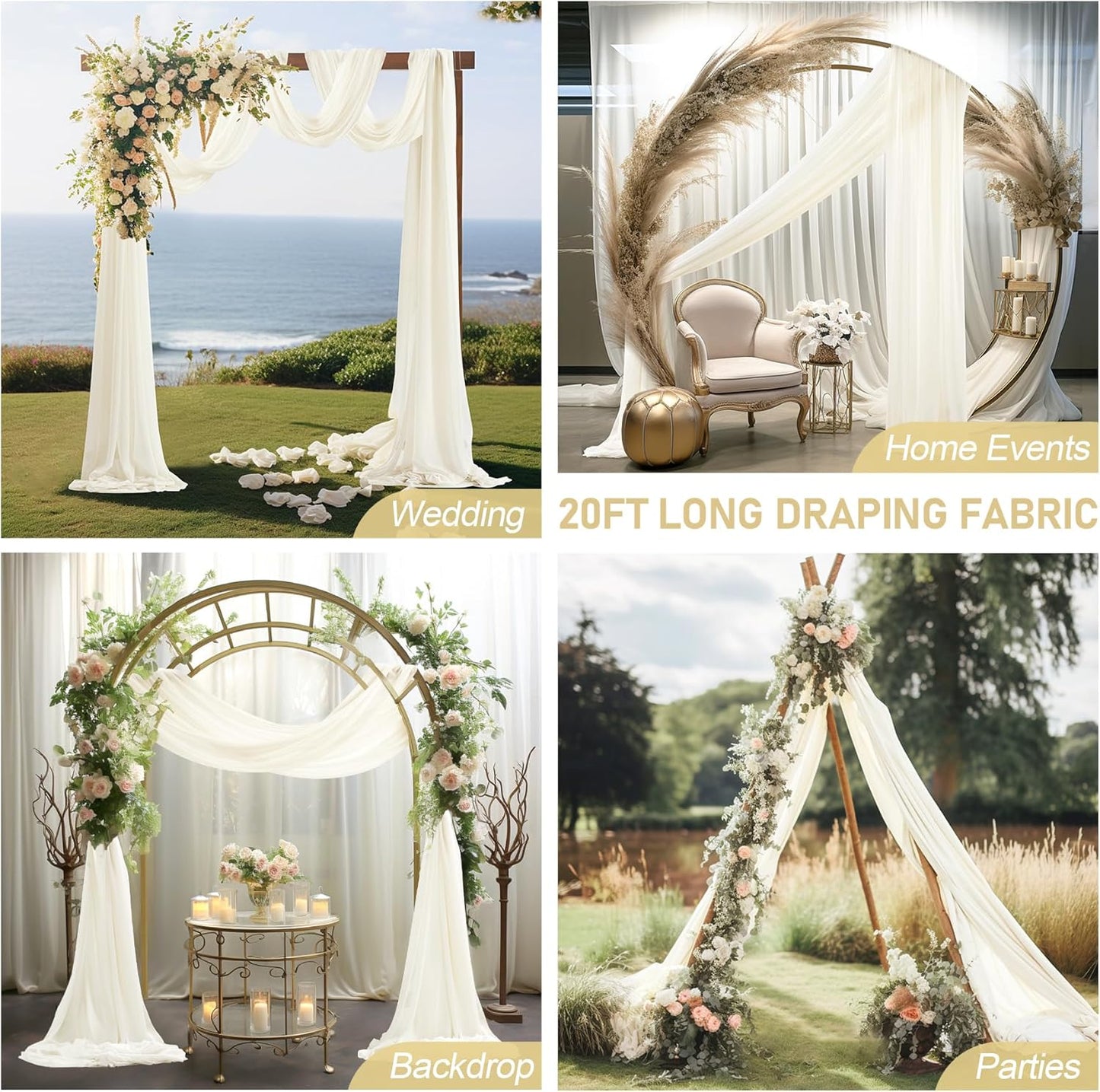 30" x 20Ft Wedding Arch Draping Fabric, 2 Panels Ivory Sheer Curtain Drapes Extra Wide & Long Backdrop Curtains for Wedding Arch Ceremony Birthday Party Decorations