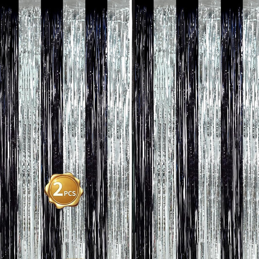 BEISHIDA 2Pcs Black Silver Door Streamers Congrats Grade 2025 Decoration Backdrop Foil Fringe Tinsel Party Streamers Curtains for Birthday Graduation Bachelorette Party Decoations (3.28 ft x 6.56 ft)