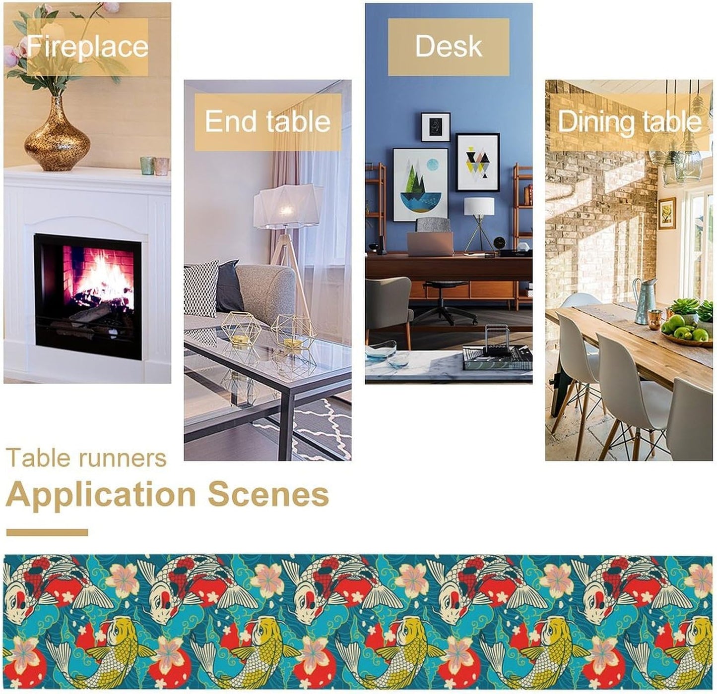 Japanese Kio Fish Table Runner Oriental Tradition Cherry Art Printed Burlap Runner Home Kitchen Dining Table Living Room Decor Fabric 1 Panel W13xL120in