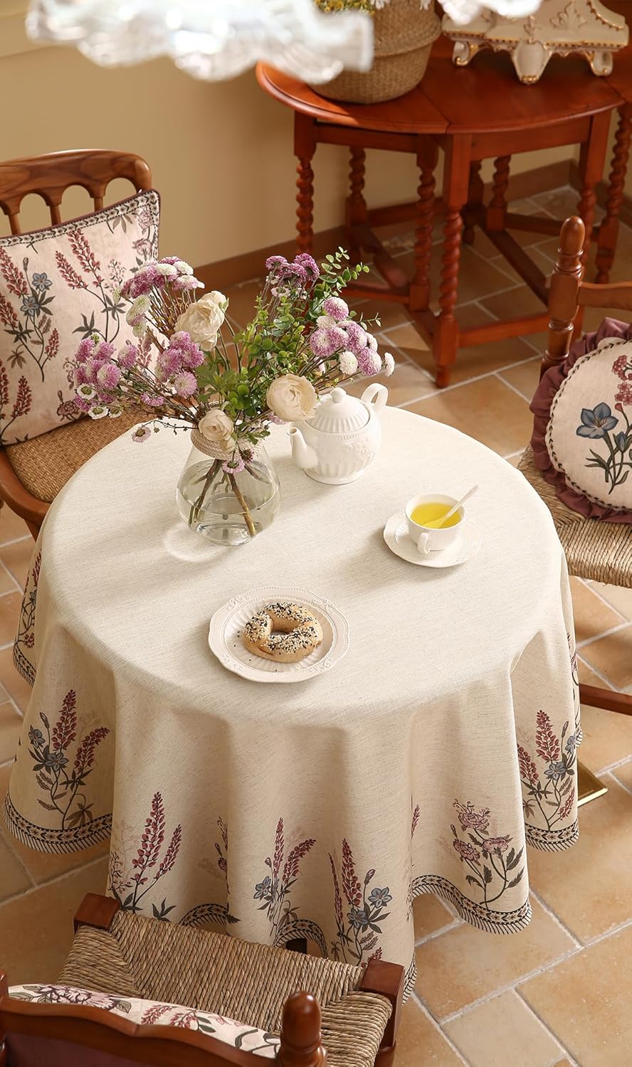 ISAENNE French Tablecloth for Round Tables,Linen Table Cloth with Colorful Flowers Pattern,Heavy Durable Table Cover for Dining Thanksgiving Kitchen Decor Party Christmas,Diameter 67"