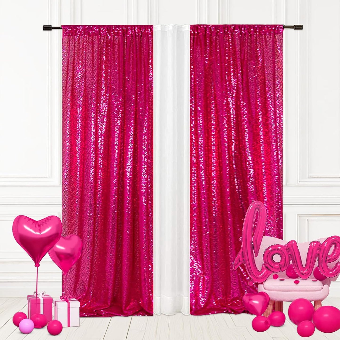 Eternal Beauty Sequin Backdrop Curtains, 2x8 Ft-2 Panels Hot Pink Back Drop for Shimmer Photography Party Wedding Birthday Decor