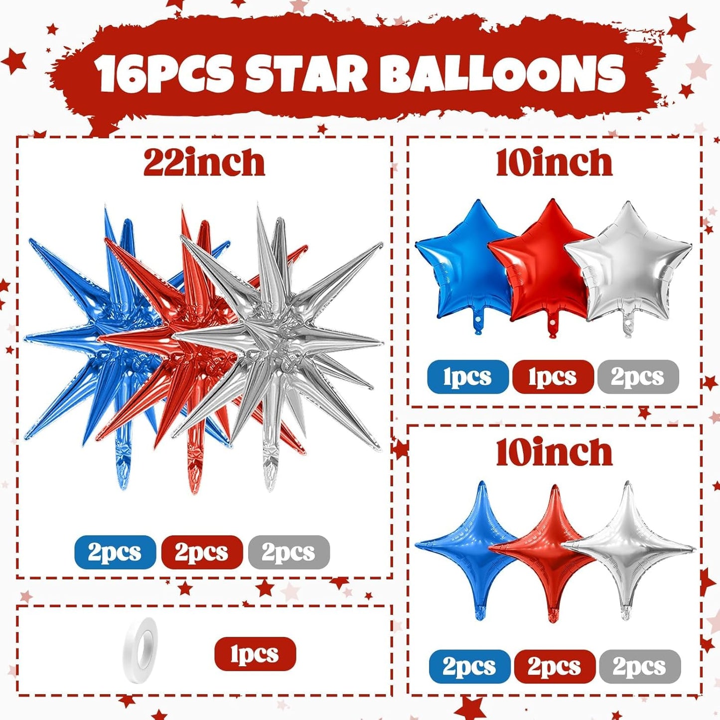 Blue Red Silver Star Balloon,16Pcs Star Foil Balloons Set with 22Inch Explosion Spike Cone Balloons and 10Inch Quadrangle Helium Balloon for Birthday Wedding Baby Shower Party Decorations