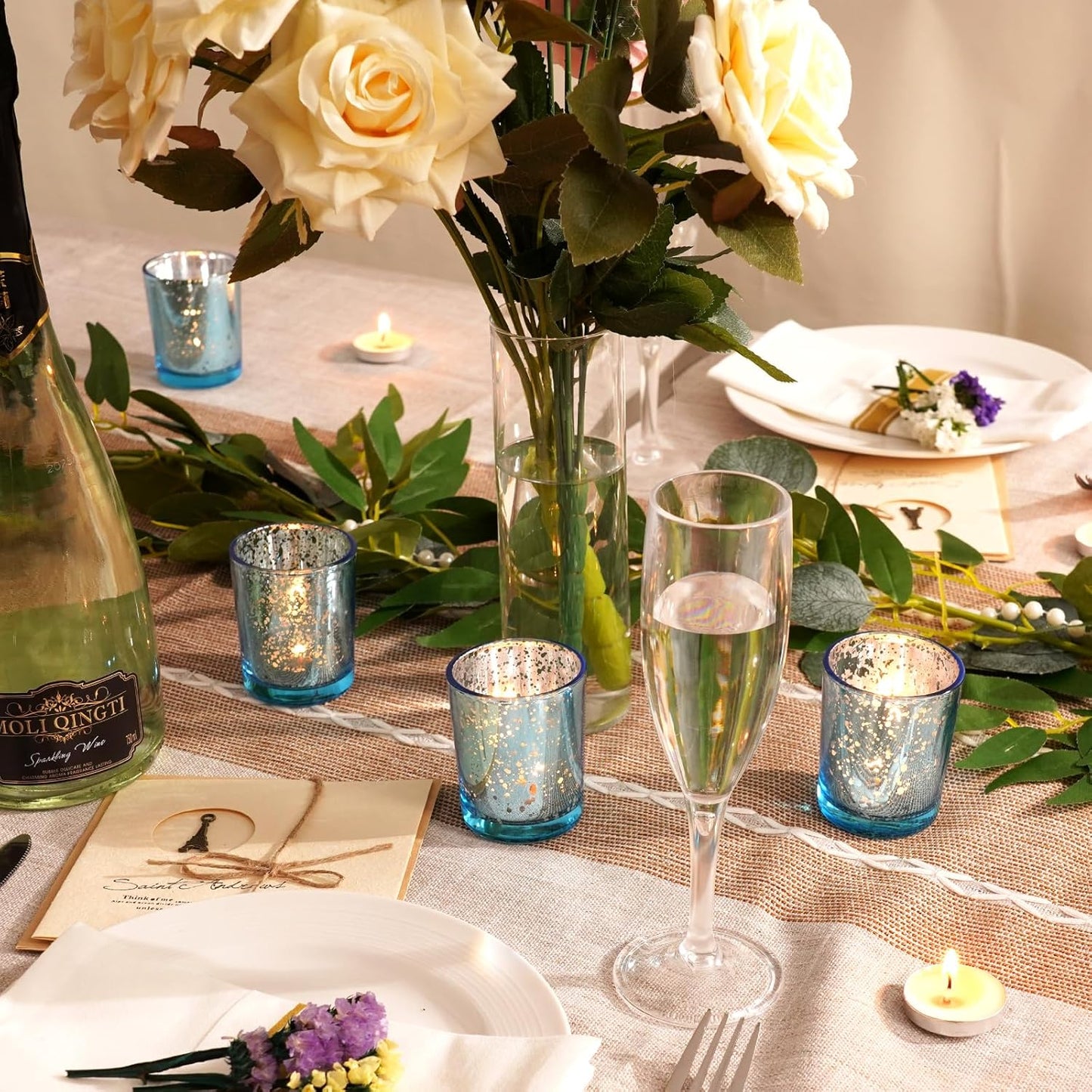 Homemory 12 Pcs Blue Votive Candle Holders, Mercury Glass Candle Holder, Tealight Candle Holders for Table Centerpieces, Baby Shower, Party, Anniversary, Wedding, Home Decor, Halloween, Christmas