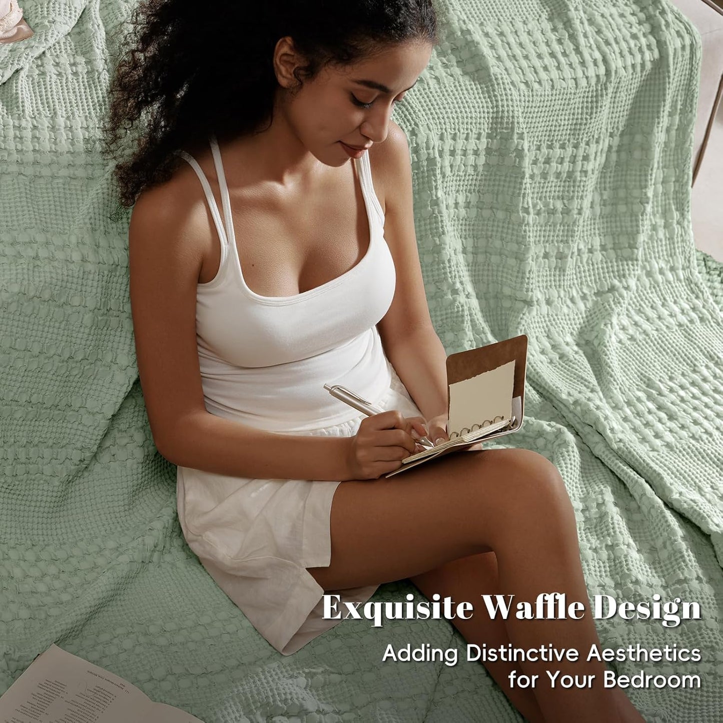 PHF 100% Cotton Waffle Weave Blanket Queen Size for Bed, Soft Lightweight & Breathable, All-Season Comfort, Luxury Aesthetic Woven Bedding for Home Decor, 90"x90", Sage Green