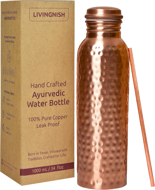 100% Pure Copper Water Bottle for Drinking – Extra Large 34 Oz Wide Mouth, Hammered Ayurvedic Copper Water Bottle with Straw – Handcrafted Leak-Proof Vessel, Reusable & BPA-Free