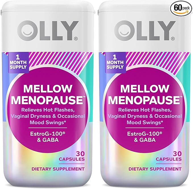 OLLY Mellow Menopause Supplements for Women, Supports Hot Flashes, Vaginal Dryness & Occasional Mood Swings,* Estro-G100®, GABA, Vegan Capsules, 2 Month Supply - 60 Count