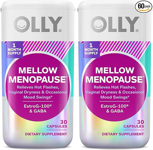 OLLY Mellow Menopause Supplements for Women, Supports Hot Flashes, Vaginal Dryness & Occasional Mood Swings,* Estro-G100®, GABA, Vegan Capsules, 2 Month Supply - 60 Count