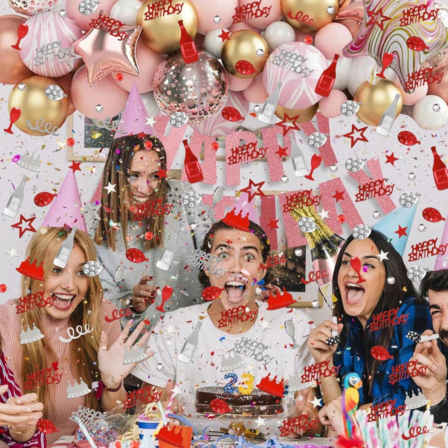 VHUWE Happy Birthday Confetti, 1.6 oz Red Silver Cake Balloon Star Goblet Bottle Glitter Confetti for Boys Girls Kids Women Men Happy Birthday Party Table Decorations Supplies