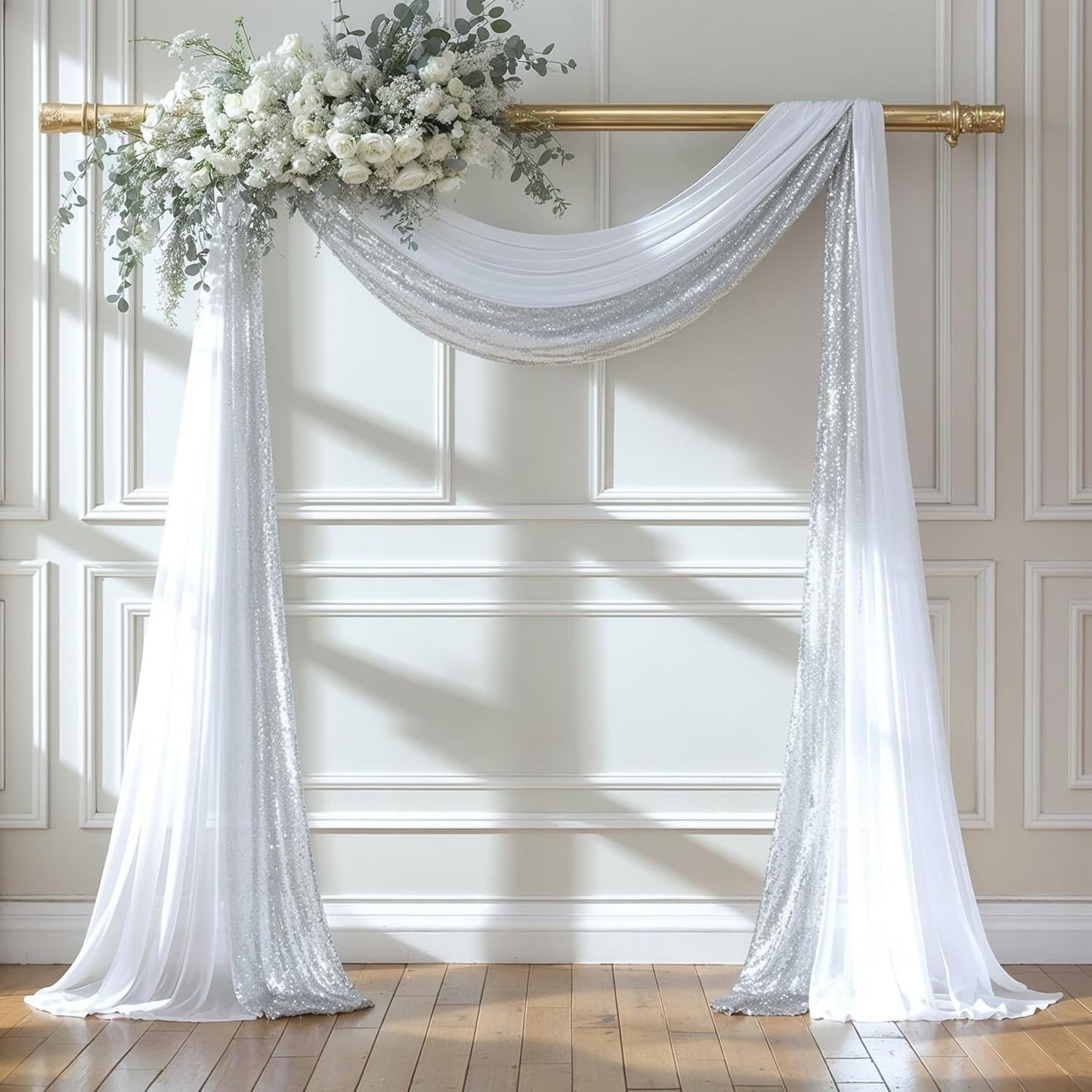 Wedding Arch Draping Fabric, 1 Panel 28" x19ft White Arch Drapes & 1 Panel 16" x19ft Silver Sequin Fabric Drapes Arbor Backdrop Curtain for Wedding Arch Ceremony Bridal Shower Reception