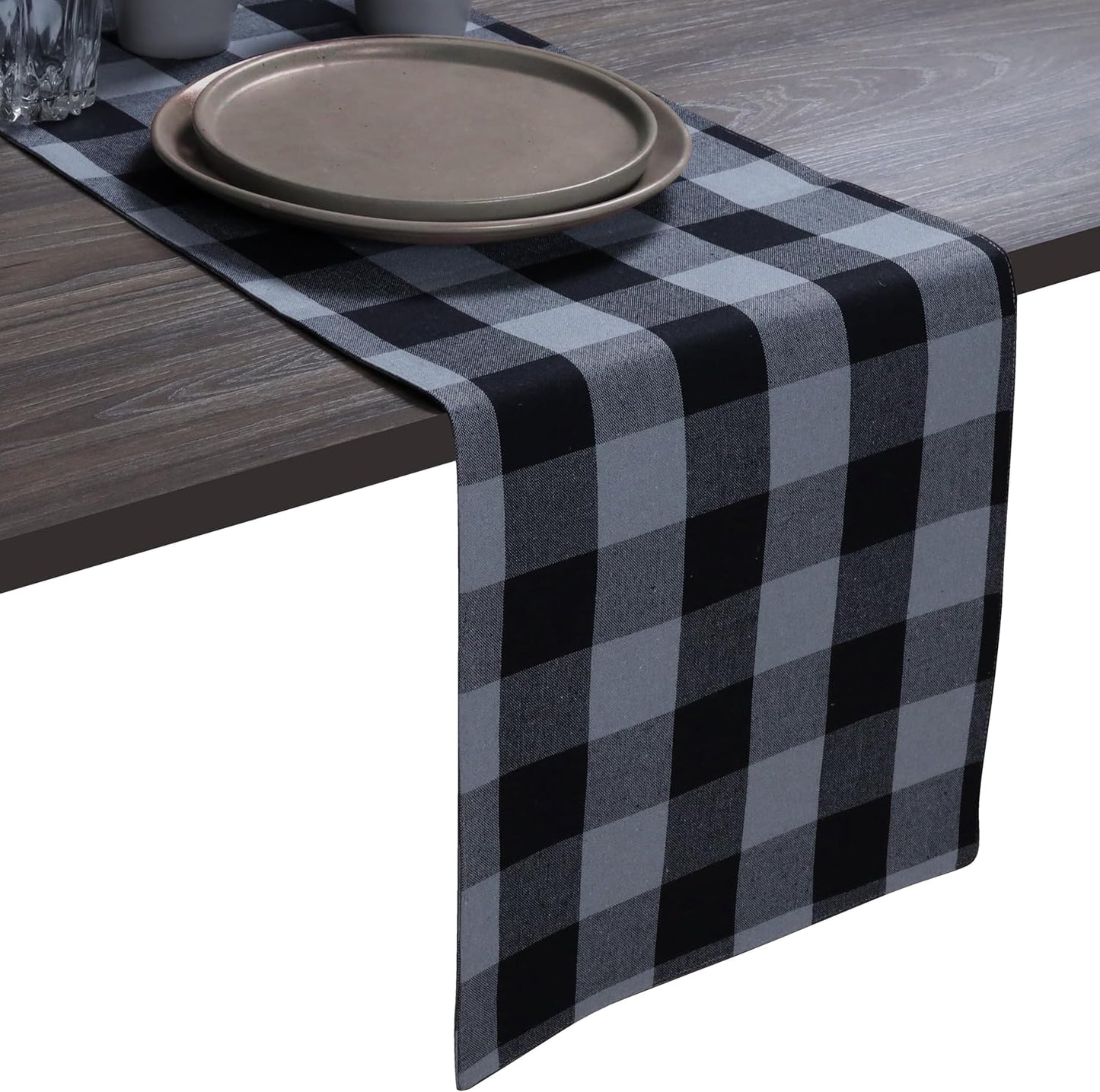 Native Fab Table Runner Buffalo Check Plaid 100% Cotton - 13x72 Inches Kitchen Dining Table Decoration for Indoor Outdoor Farmhouse Home Party Decor - Black, Grey