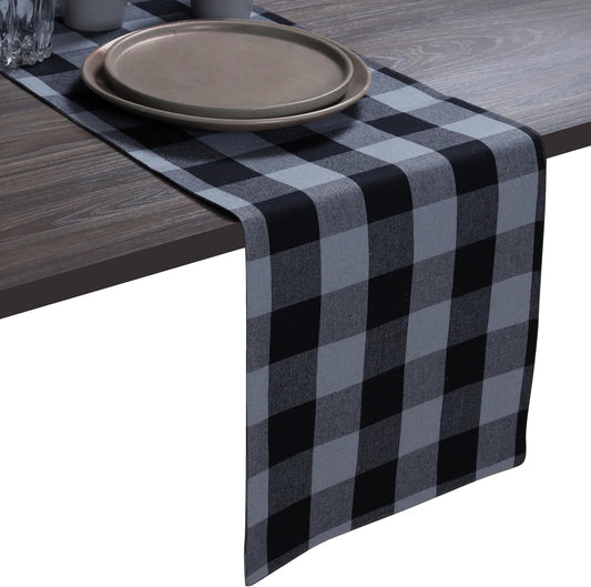 Native Fab Table Runner Buffalo Check Plaid 100% Cotton - 13x72 Inches Kitchen Dining Table Decoration for Indoor Outdoor Farmhouse Home Party Decor - Black, Grey