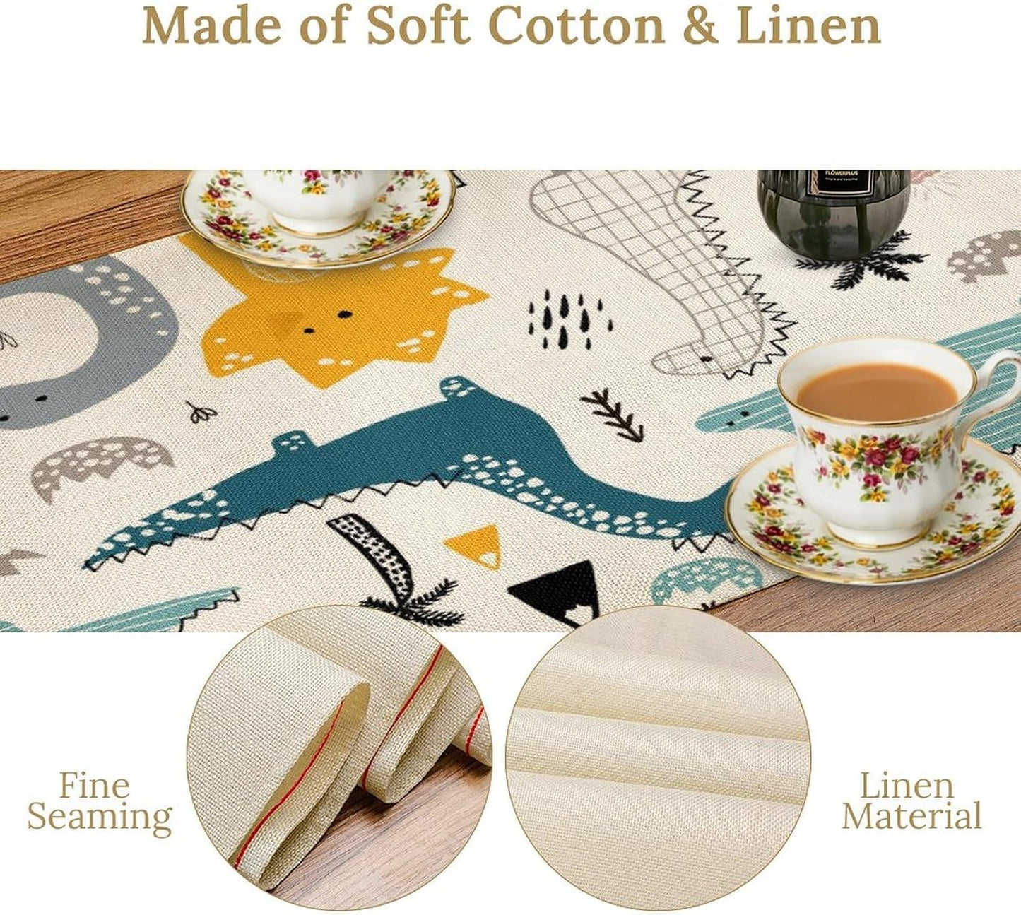 Cartoon Dinosaur Table Runner,Kids Boys Cute Various Dino Moutain Modern Abstract Print Tablecloth Burlap for Hotel Indoors Outdoor Dining Room Kitchen Holiday Party, 13x80in